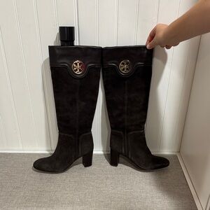 Tory Burch Black Chocolate Brown Suede and Leather Boots